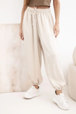 Spodnie damskie szerokie z gumką w pasie i wiązaniem typu alladynki beżowe