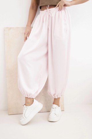 Spodnie damskie szerokie z gumką w pasie i wiązaniem typu alladynki cukierkowy róż