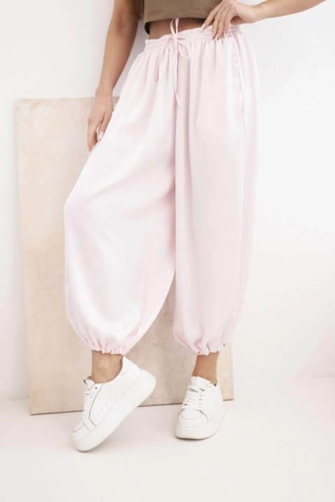 Spodnie damskie szerokie z gumką w pasie i wiązaniem typu alladynki cukierkowy róż