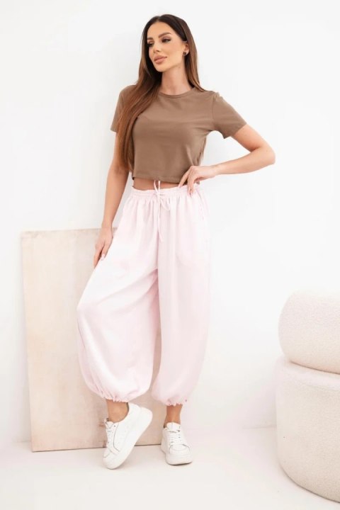Spodnie damskie szerokie z gumką w pasie i wiązaniem typu alladynki cukierkowy róż