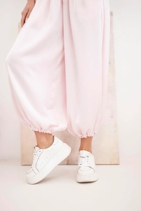 Spodnie damskie szerokie z gumką w pasie i wiązaniem typu alladynki cukierkowy róż