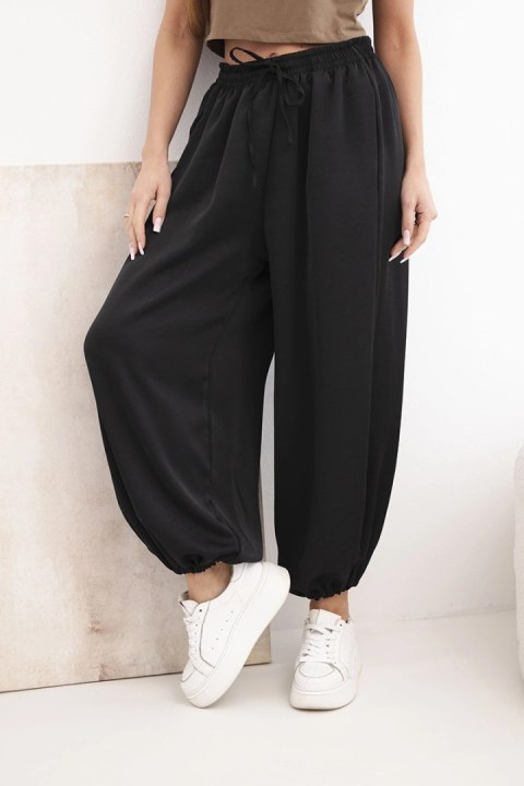 Spodnie damskie szerokie z gumką w pasie i wiązaniem typu alladynki czarne