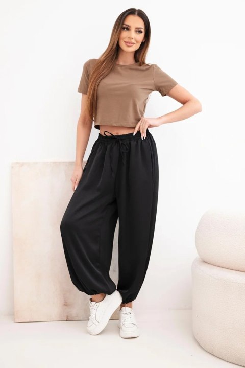 Spodnie damskie szerokie z gumką w pasie i wiązaniem typu alladynki czarne