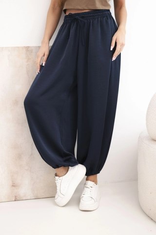 Spodnie damskie szerokie z gumką w pasie i wiązaniem typu alladynki granatowe