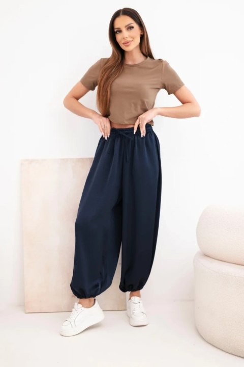Spodnie damskie szerokie z gumką w pasie i wiązaniem typu alladynki granatowe