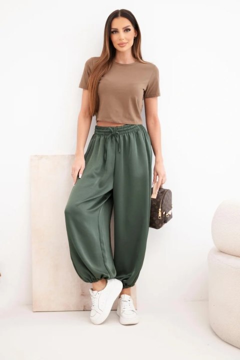 Spodnie damskie szerokie z gumką w pasie i wiązaniem typu alladynki khaki