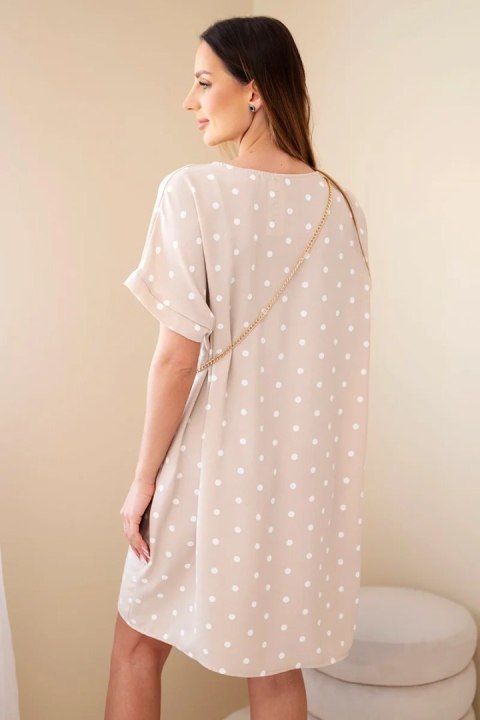 Sukienka damska w grochy z krótkim rękawem i torebką beżowa