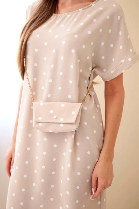Sukienka damska w grochy z krótkim rękawem i torebką beżowa