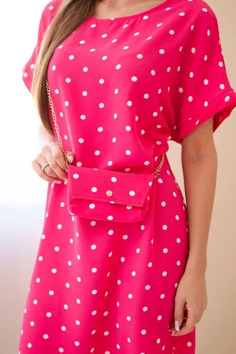 Sukienka damska w grochy z krótkim rękawem i torebką fuksja