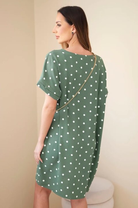 Sukienka damska w grochy z krótkim rękawem i torebką khaki