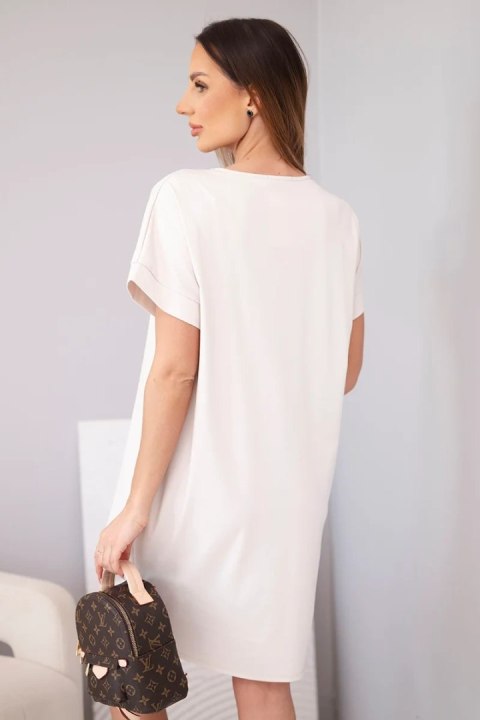 Sukienka damska wiskozowa z krótkim rękawem i ozdobnym nadrukiem beżowa