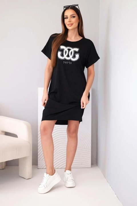 Sukienka damska wiskozowa z krótkim rękawem i ozdobnym nadrukiem czarna