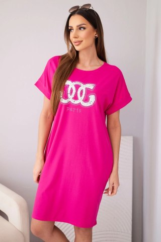 Sukienka damska wiskozowa z krótkim rękawem i ozdobnym nadrukiem fuksja