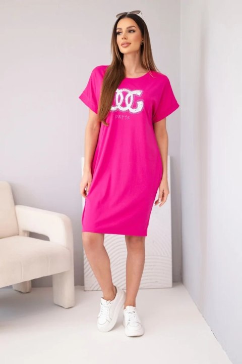 Sukienka damska wiskozowa z krótkim rękawem i ozdobnym nadrukiem fuksja