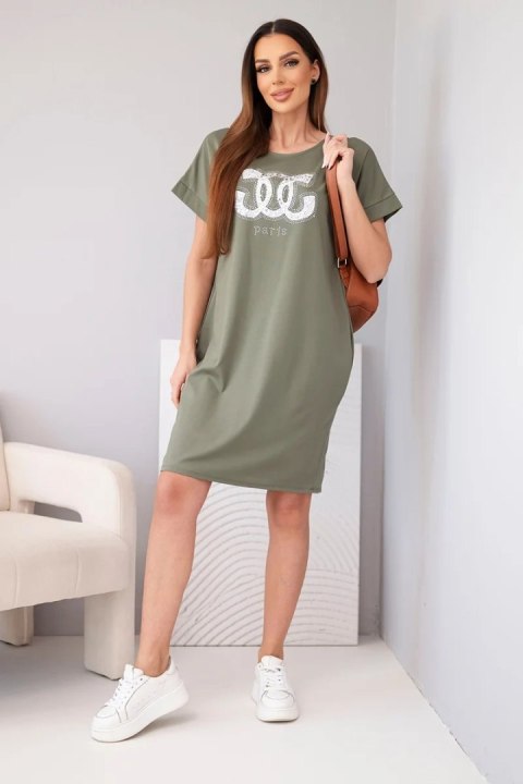 Sukienka damska wiskozowa z krótkim rękawem i ozdobnym nadrukiem khaki