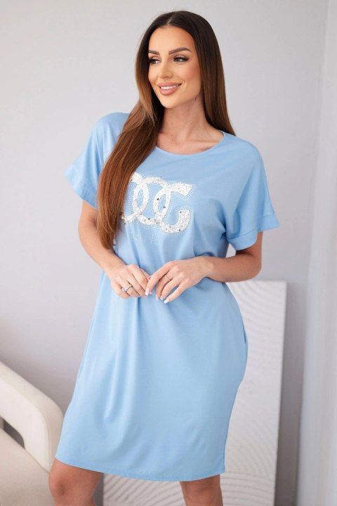 Sukienka damska wiskozowa z krótkim rękawem i ozdobnym nadrukiem niebieska