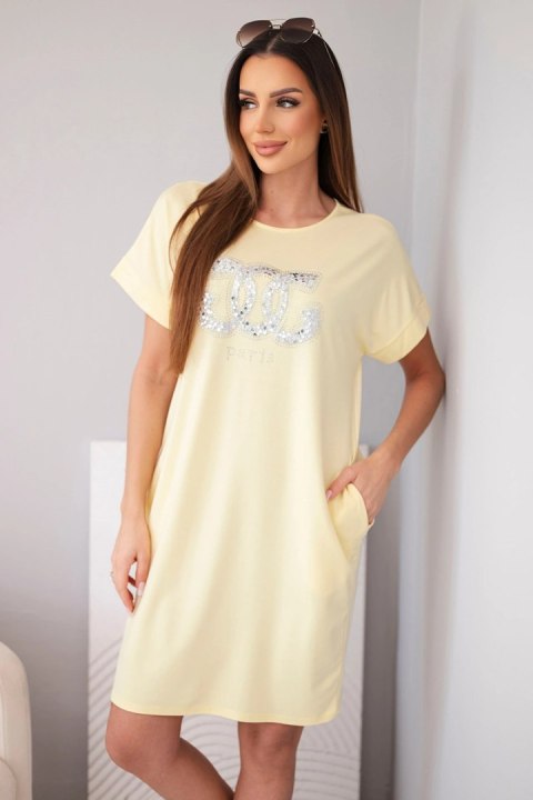 Sukienka damska wiskozowa z krótkim rękawem i ozdobnym nadrukiem żółta