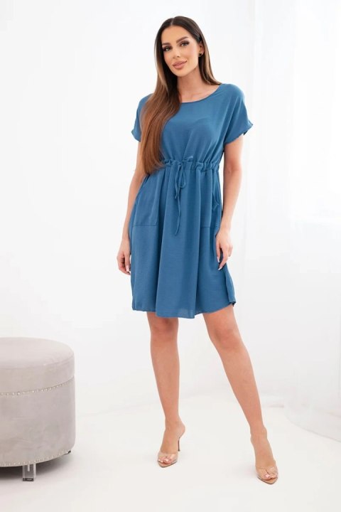 Sukienka damska z krótkim rękawem i wiązaniem w pasie jeansowa