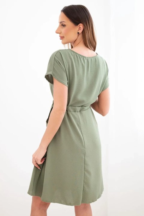 Sukienka damska z krótkim rękawem i wiązaniem w pasie khaki