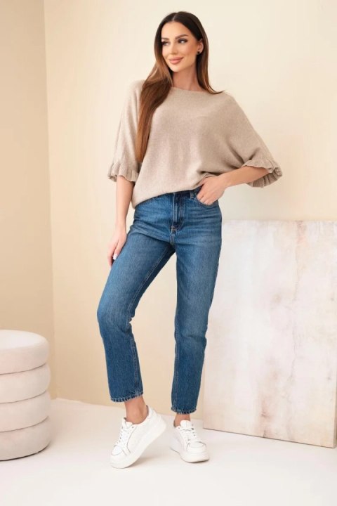 Sweter damski typu nietoperz z okrągłym dekoltem ciemny beżowy