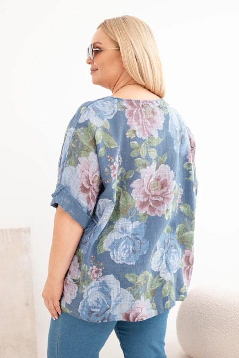 Bluzka damska bawełniana Plus Size z krótkim rękawem i kwiatowym wzorem jeansowa