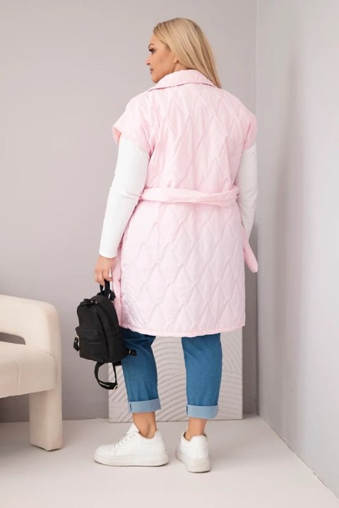 Kamizelka damska Plus Size pikowana z paskiem i kołnierzem cukierkowy róż