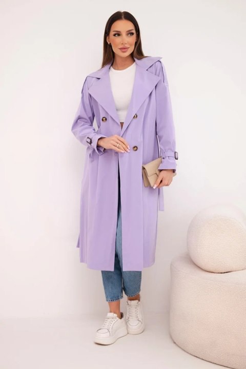 Płaszcz damski wiązany w talii z kołnierzem jasno fioletowy