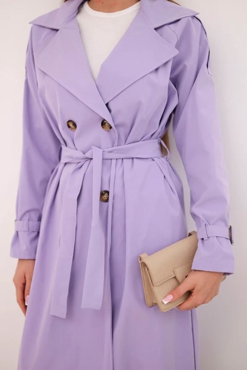 Płaszcz damski wiązany w talii z kołnierzem jasno fioletowy