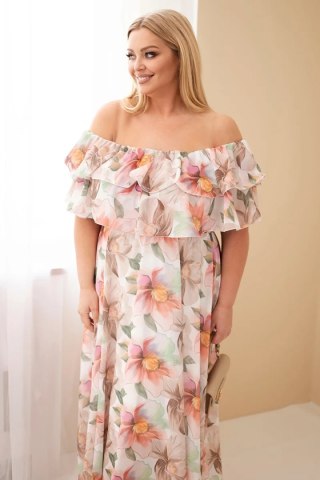 Sukienka damska wiskozowa Plus Size z falbaną hiszpanka i elastyczną talią maxi beżowa
