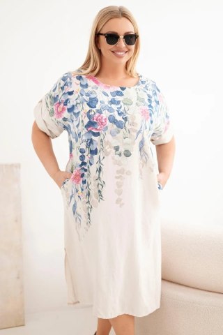 Sukienka damska wiskozowa Plus Size z krótkim rękawem i rozcięciami po bokach beżowa