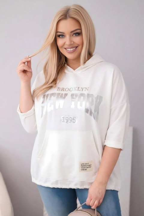 Bluza damska Plus Size wiskozowa z kapturem i kieszenią kangurką ecru
