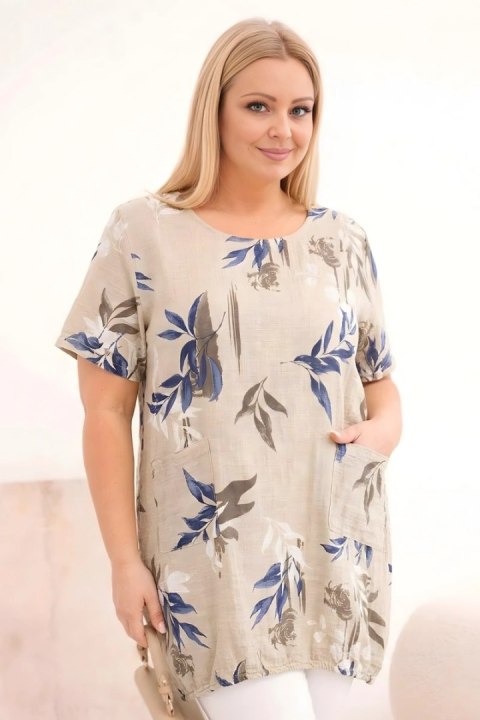 Bluzka damska bawełniana Plus Size z krótkim rękawem i wiązaniem na dole beżowa