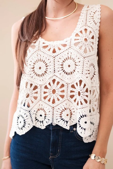 Bluzka damska bawełniana ażurowa na ramiączkach beżowa