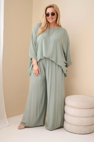 Komplet damski Plus Size wiskozowy z szerokimi spodniami i bluzką khaki