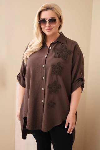 Koszula damska Plus Size z wiskozy z haftem kwiatowym brązowa