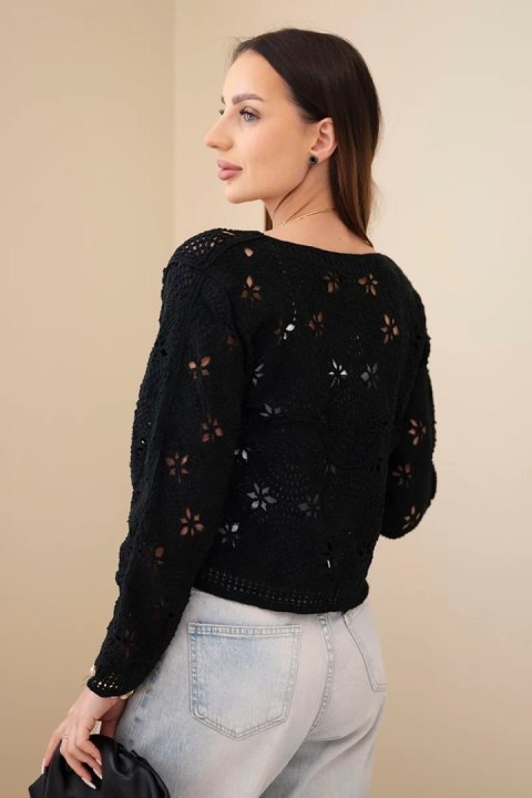 Sweter damski ażurowy z kwiatowym wzorem czarny