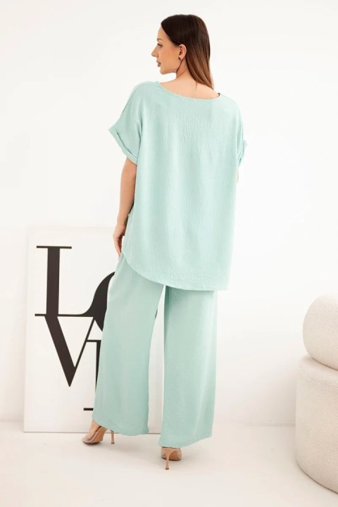 Komplet damski Plus Size bluzka i spodnie z szeroką nogawką ciemny miętowy