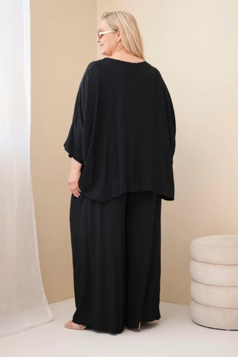 Komplet damski Plus Size wiskozowy z szerokimi spodniami i bluzką czarny