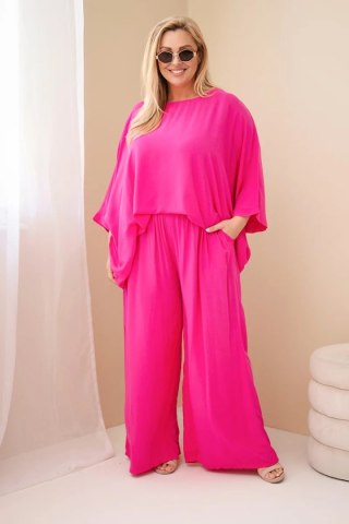 Komplet damski Plus Size wiskozowy z szerokimi spodniami i bluzką fuksja