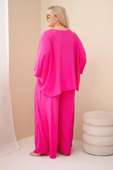Komplet damski Plus Size wiskozowy z szerokimi spodniami i bluzką fuksja