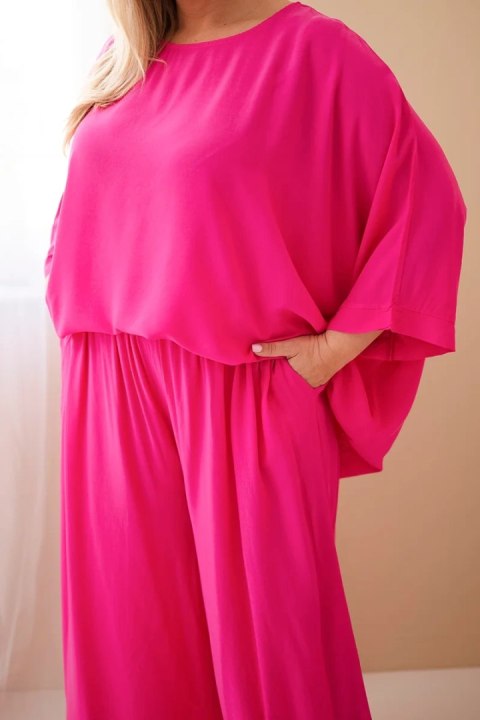 Komplet damski Plus Size wiskozowy z szerokimi spodniami i bluzką fuksja