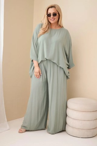 Komplet damski Plus Size wiskozowy z szerokimi spodniami i bluzką khaki