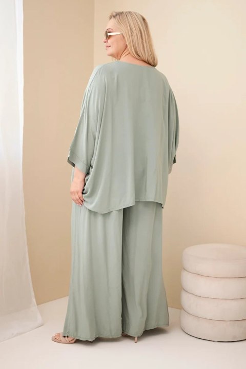 Komplet damski Plus Size wiskozowy z szerokimi spodniami i bluzką khaki