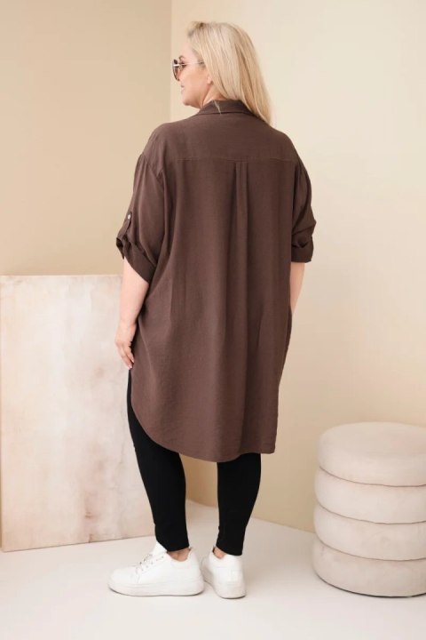 Koszula damska Plus Size z wiskozy z haftem kwiatowym brązowa