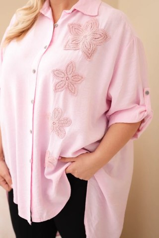 Koszula damska Plus Size z wiskozy z haftem kwiatowym cukierkowy róż