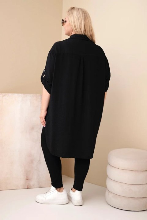 Koszula damska Plus Size z wiskozy z haftem kwiatowym czarna