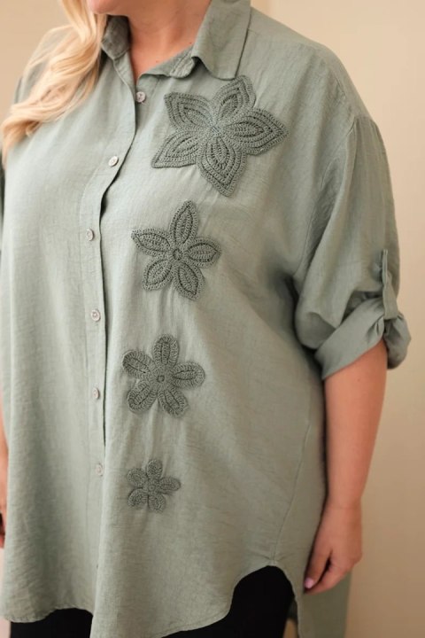 Koszula damska Plus Size z wiskozy z haftem kwiatowym khaki