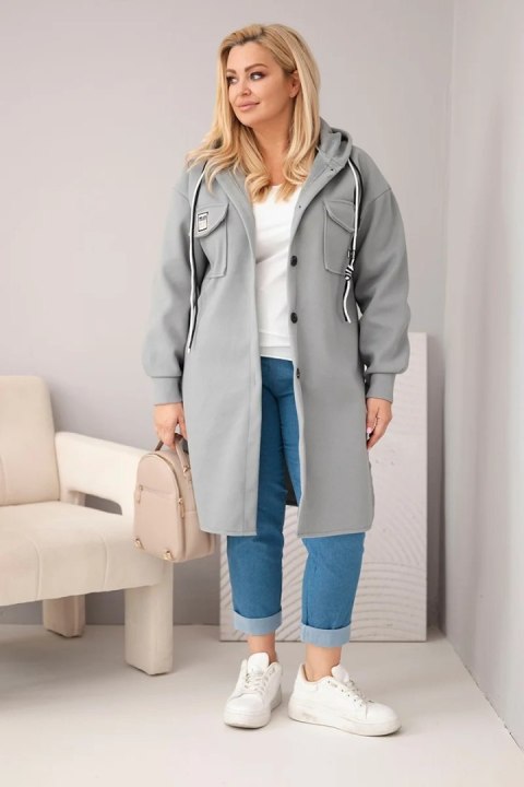 Płaszcz damski Plus Size z kapturem zapinany na guziki szary