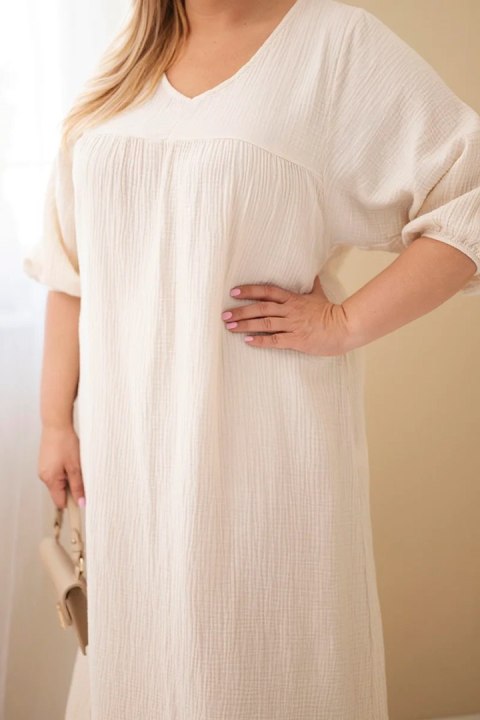 Sukienka damska Plus Size bawełniana muślinowa z dekoltem V beżowa