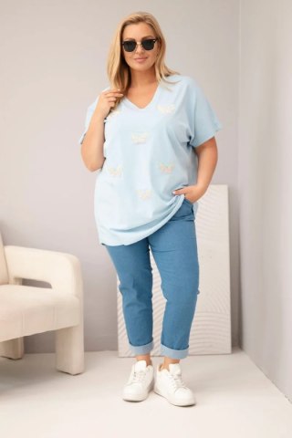 Bluzka damska bawełniana Plus Size z motylkami niebieska